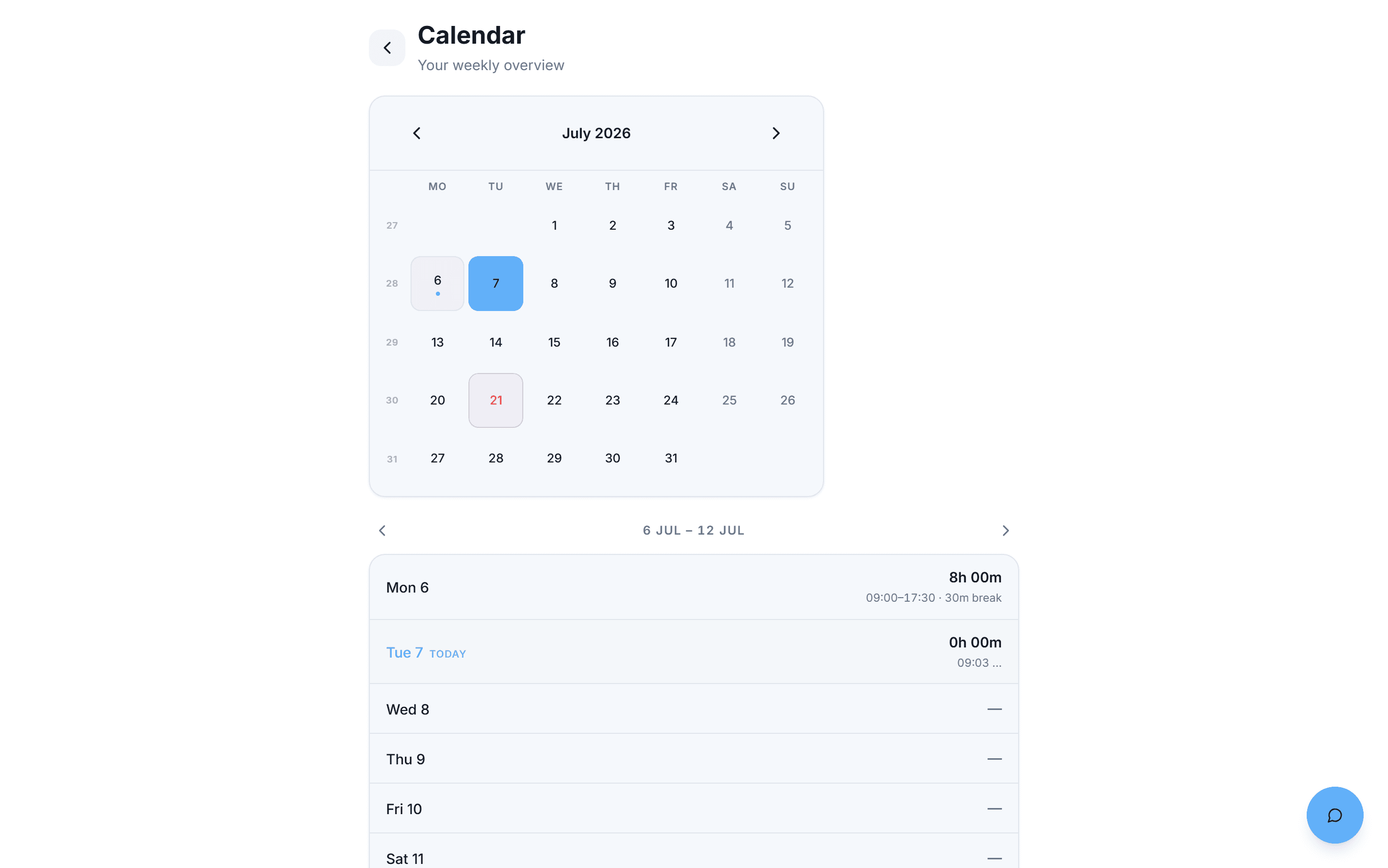 Tikkit kalender- en weekoverzicht